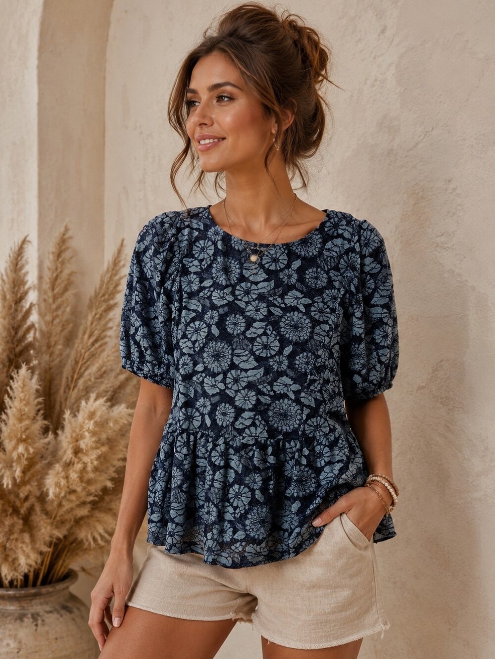 438. Dolan Floral Puff-Sleeve Peplum Lace Top